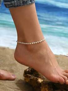 1 pieza Tobillera de acero inoxidable chapada en oro de 18K y perla falsa blanca, elegante, versátil, adecuada para vacaciones de verano en la playa
