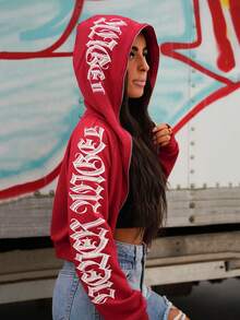 SAYEHFBABY Women Gothic Text Cropped Zip Up Hoodie Sweatshirt, Streetwear Style For Autumn/Winter For New Year Clothes,Long Sleeve Tops - Red - View 4