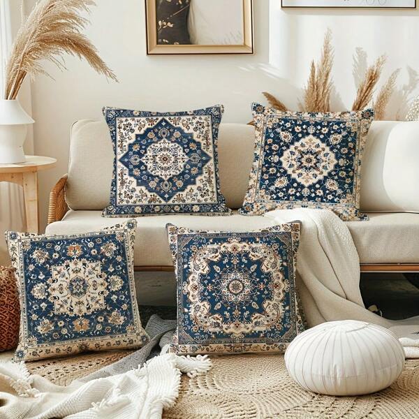 4pcs Bohemian Pillow Covers 18x18 Inch - Navy Blue Print Cushion Covers, Zippered Farmhouse Decor For Porch Patio Living Room, Outdoor Indoor Throw Pillows No Insert