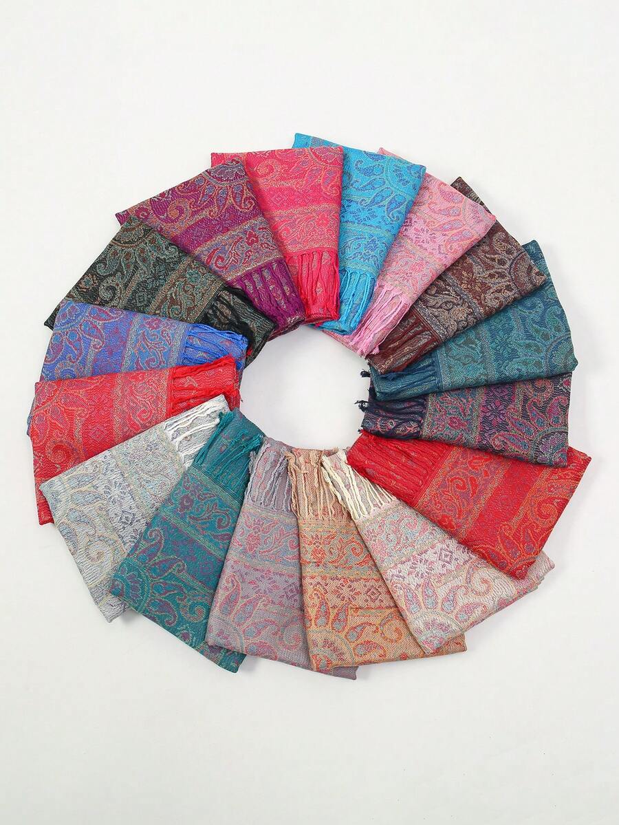 1件女士波西米亚风流苏提花围巾，佩斯利花纹披肩，羊绒石纹图案穆斯林头巾，值得赠送，适合所有季节日常外出穿着。 - T155 - 查看 1