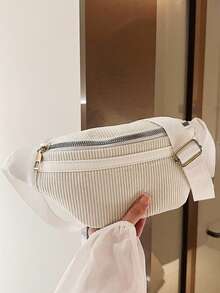 Women's Street Style Canvas Corduroy Casual Waist Bag, Spacious Crossbody Shoulder Bag - White - View 1