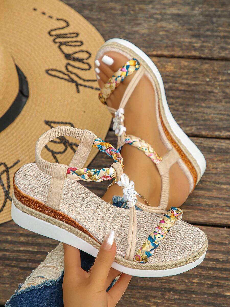 1 par de sandalias planas con suela gruesa y diseño de mariposa tejido vintage, para adolescentes, verano - Beis - Ver 1
