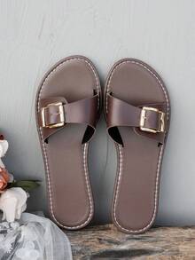 2025 Dép xỏ ngón đế bằng hở mũi trang trí khóa cổ điển mới, thời trang mùa hè - Cà phê nâu - Xem 6