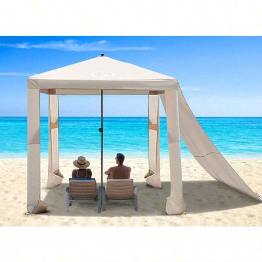 Beach Cabana 6.2' X 6' Portable Canopy With Side Wall 4 Adjustable Height UPF 50+ UV Protection Easy To Set Up Cool Cabana Tent Waterproof Beach Shelter For Outdoor Patio - CreamColor - View 1