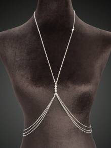1 pieza Cadena corporal multicapa de plata, cadena para el pecho para raves, joyería corporal para mujer de discoteca