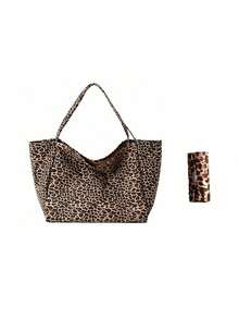 这款时尚大号豹纹手提包兼豹纹口红包、零钱包、指甲油便携收纳包，优雅便携，容量大，可作单肩包或腋下包使用，通勤必备。简约拉链零钱包，适合青少年、女性、大学生、白领等各种人群，是工作、返校、中学、高中、大学、海滩度假、生日礼物、返校礼物的理想之选。