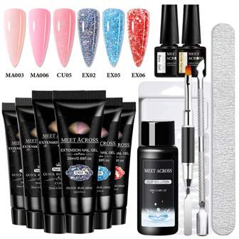 MEET ACROSS 13 piezas Juego de extensión de uñas de gel de 20ml Juego de arte de uñas Polygeles de prolongación Nude Pink Red Glitter Acrylic Gel con solución deslizante, Moldes de extensión de uñas, Base Gel Top Coat Manicure Kit para uñas de verano Suministros para uñas