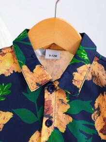 Boys' Casual Outfit: Fashionable English Style Floral Shirt + Leisure Shorts, 2pcs Suit, Casual Vacation Outfit