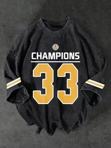 Men's Washed Retro Print Graphic Tee With Number 33, Minimalist Design, Casual Streetwear Pullover T-Shirt In Black - Black - View 1