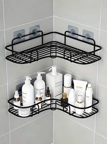 Corner Shower Caddy Bathroom Organizer Shower Shelf With Hooks, Adhesive Shower Shelves, Wall Mounted Shampoo Holder, 1 Pack Shower Racks For Inside Shower, Black