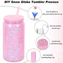Paquete de 8 tumblers tipo globo de nieve de pared doble de 16 onzas, tazas de frascos de albañil con glitter DIY con tapa, pajita y tapón de silicona - Lavar a mano, libres de BPA y PVC, botellas de agua de plástico ligero para Halloween y Acción de Gracias - Multicolor - Ver 9
