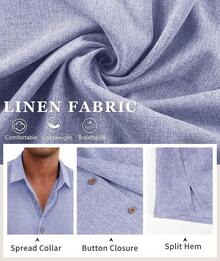 Linen Shirts Men Casual Short Sleeve Button Down Shirt Cool Summer Beach Wedding Vacation Tops - Denim Blue - View 5