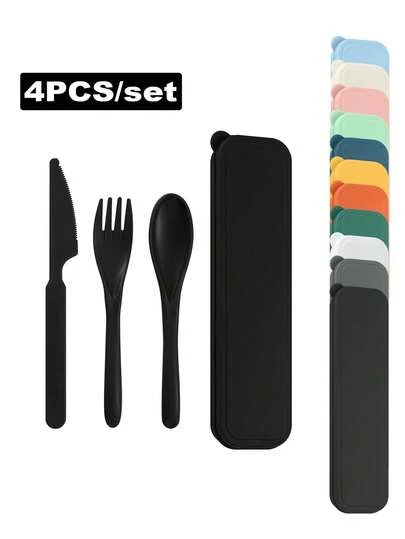 4pcs Portable Plastic Cutlery Set With Utensils (Knife, Fork, Spoon, Chopsticks) And 1 Storage Box, Suitable For Outdoor, Camping, Picnic, Work, School,School Supplies