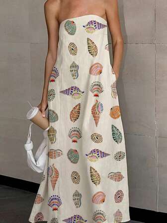 Plus Size Women Shell Print Sleeveless A-Line Dress, Fashion Summer Vacation Style