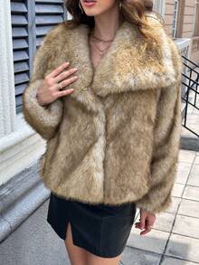 Seelio 秋冬新款厚人造毛领人造毛内衬中长款时尚皮草大衣 - 貂色 - 查看 5