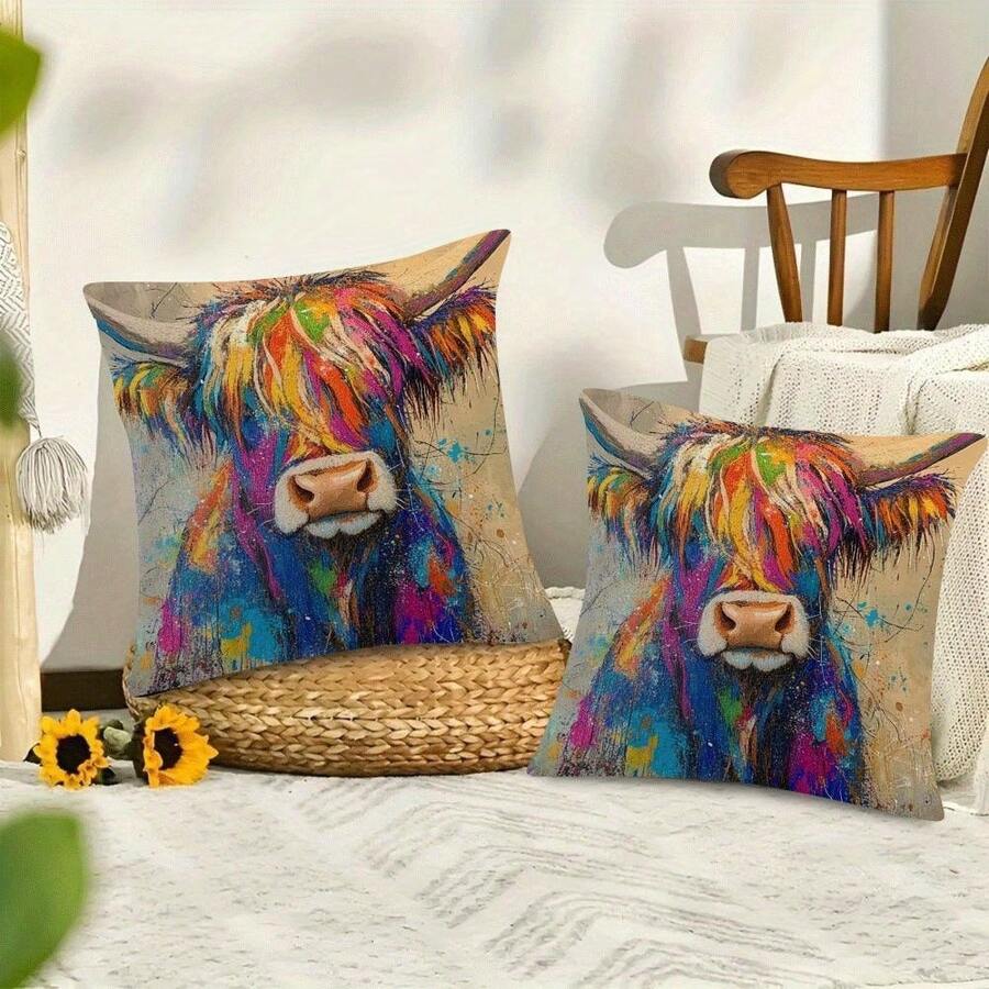 2pcs Vibrant Highland Cow Print Cushion Cover, Modern Art - Colorful Splash Ink Design, Soft & Cozy Polyester Pillow Case, Zipper Closure Washable, 45x45cm - Artsy Home Decor Suitable For Any Room, Perfect For Contemporary Living Space, Decorative Art | Does Not Include Pillow Insert - Multicolor - View 1