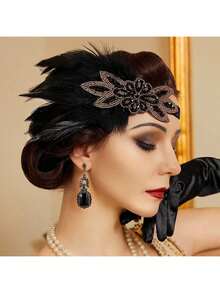 1920s Flapper Costume Accessories Set, Includes Headband And Long Gloves, Suitable For Parties, Balls, Galas, Vintage Events, Formal Occasions, Social Gatherings And Celebrations; 1920s Flapper Feather Headband; 1920s Sequin Showgirl Headpiece Women Hair Band - Black - View 3