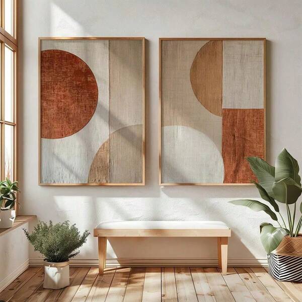 Set Of 2 Unframed Geometry Abstract Shapes Wall Art Poster Canvas Print Terracotta Beige Wabi Sabi Abstract Japandi Art Painting For Dorm,Apartment,Bedroom,Living Room,Modern Home Decoration