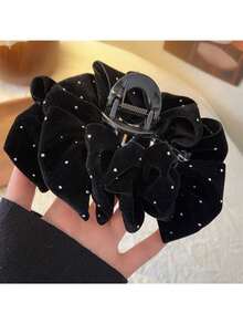 1 件勃艮第红和黑色天鹅绒蝴蝶结装饰水钻发夹，高端品质，适合派对、舞会、闪亮装饰、聚会和休闲装