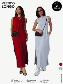 Kit Of 2 Women's Dresses 100% Cotton Long Scoop Neck - Đỏ và Xám - Xem 1