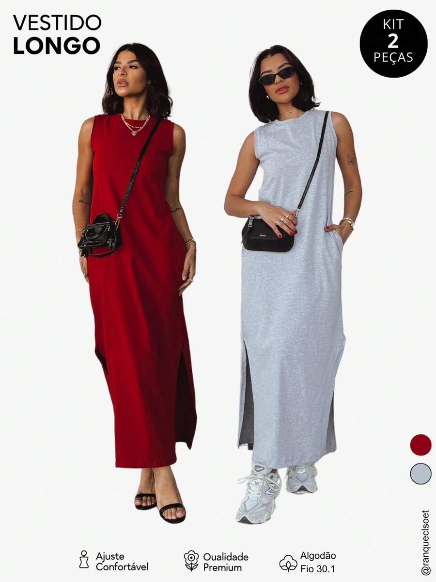 Kit Of 2 Women's Dresses 100% Cotton Long Scoop Neck - Đỏ và Xám - Xem 1