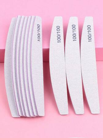 10 Pieces Grey Professional Nail File 100/100 100/180 Grit Double Sided Buffing And Debriding Half-Oon Nail File Nail Art Tool Various Real And Fake Nail Trim Types Buffing And Polishing Also Dust Brush