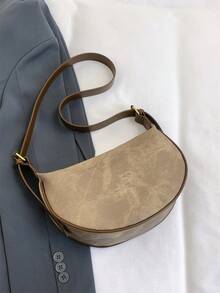 Women's Leather Dumpling Bag, PU Leather Mono-Shoulder Saddle Bag, Adjustable Strap, Daily Commute Use - Khaki - View 7
