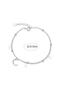 1 pieza Pulsera de mujer de plata de ley 925 de doble capa con diseño de estrella y luna, decorada con cuentas brillantes, regalo elegante y versátil