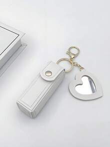 1pc Solid Color PU Leather Lipstick Holder (With Heart-Shaped Mirror) - Women's Makeup Keychain. Back To School Lipstick Holder With Heart-Shaped Mirror, Multiple Colors Available, Women's Makeup Bag, Heart-Shaped Bag Charm Fashion Keychain Pendant, Wallet, Handbag, Bag Accessory. Suitable For Parties, Weddings And Dances. Make Up Bag - White - View 17