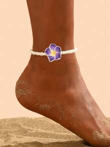 1 件百搭波西米亚海滩度假风格玻璃串珠陶瓷雏菊花脚链，适合女士（陶瓷花上的小孔是正常且不可避免的） - 紫色 - 查看 1
