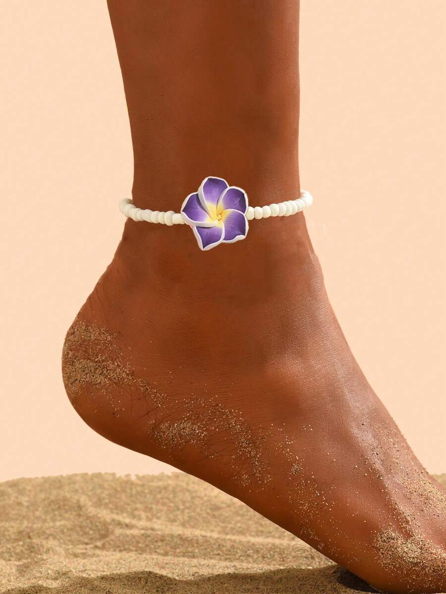 1 件百搭波西米亚海滩度假风格玻璃串珠陶瓷雏菊花脚链，适合女士（陶瓷花上的小孔是正常且不可避免的） - 紫色 - 查看 1