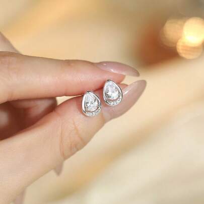 1 Pair Elegant Shiny 999 Pure Silver Zirconia Teardrop Earrings, Fashionable Bridal Wedding Engagement Jewelry For Women