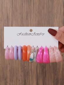 12pcs/Set Boho Style Acrylic Resin C-Shape Round Geometric Waterdrop Earrings, Suitable For Women's Daily Wear, Summer Beach Holiday, Gift