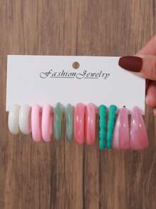 12pcs/Set Boho Style Acrylic Resin C-Shape Round Geometric Waterdrop Earrings, Suitable For Women's Daily Wear, Summer Beach Holiday, Gift
