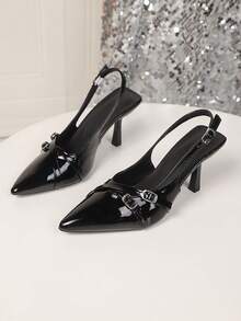 Women's Fashion Pointed Toe High Heel Shoes, Sexy Casual Party Shoes, Work Shoes, Open Toe Sandals - Red/Burgundy, 2025 New Spring/Summer Korean Version Pointed Toe Stiletto Heels, Glossy Buckle Open Toe Sandals, Suitable For Dresses And Party Occasions - Black - View 6