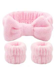 3件套浴室梳妆台套装 - 面部头带、头带+腕带。可重复使用的蝴蝶结头带、面部和腕部头带和腕带，SPA套装，开学季适用 - 黑與白 - 查看 13