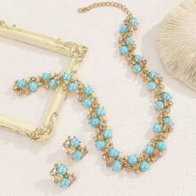 3pcs/Set Vintage Elegant Bohemian Style Necklace & Earrings Jewelry Set, Skyblue Delicate Dainty Necklace Everyday Luxury Accessories For Women
