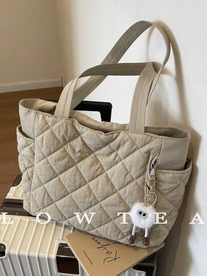 New Fashion Large Capacity Quilted Diamond Design Double Handle Shoulder Tote Bag, Lightweight And Portable, Women's Wallet, Suitable For Outdoor Travel In Summer, Decorated With Animal Pendants, Travel Essential Backpack