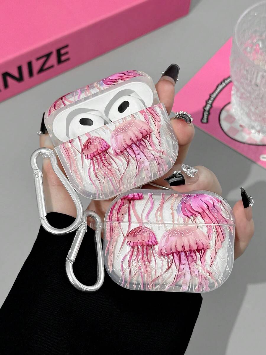 Vỏ hộp đựng tai nghe hình sứa hồng lãng mạn, Vỏ hộp đựng tai nghe họa tiết đại dương, Vỏ hộp đựng tai nghe trong suốt có 1 móc treo hộp đựng tai nghe, Tương thích với vỏ hộp đựng AirPod, Tai nghe, Pro (Thế hệ thứ 2), 3, Pro, 1/2, 4