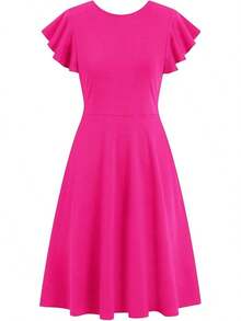 Women's Semi-Formal Ruffle Sleeve V-Back Work Fit And Flare Cocktail Knee Length Dress With Pockets, 2025 Style - 玫瑰 - 查看 3