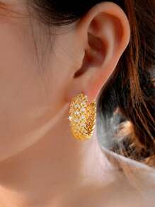 1 Pair Dubai Yellow Gold Plated Big Round Micro Pave CZ Heart Tennis Hoop Earrings, Women Silver Plated Cubic Zirconia Jewelry Accessories For Brides, Engagement, Wedding, Banquet, Party, Or Mother's Christmas Gift
