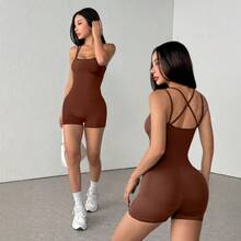 1pc Women's Sexy Adjustable Straps Jumpsuit, Sports & Fitness Yoga Romper Shapewear Jumpsuit - Brown - View 9