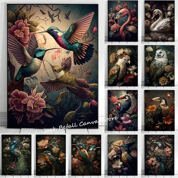1 pieza Póster de arte de pared con opción de marco - Póster vintage de animales, flores y pájaros como martín pescador, búho, tucán, flamenco, pintura en lienzo, arte de pared, pintura decorativa de animales, decoración para la sala de estar