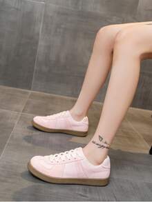 女士新款春秋多功能系带圆头复古休闲鞋，软底软绒面阿甘鞋，休闲拼色平底鞋，学院风休闲运动运动鞋，学生鞋 - 粉色 - 查看 4