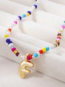 1pc Multicolor Glass Beads Letter Pendant Necklace, Bronze Tone - Multicolor - View 22