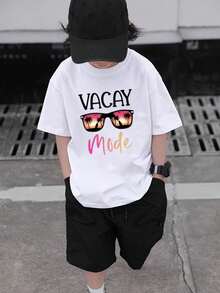 Boys & Teens' Casual Graphic Print Round Neck Short Sleeve T-Shirt, Summer Top - 白色 - 查看 3