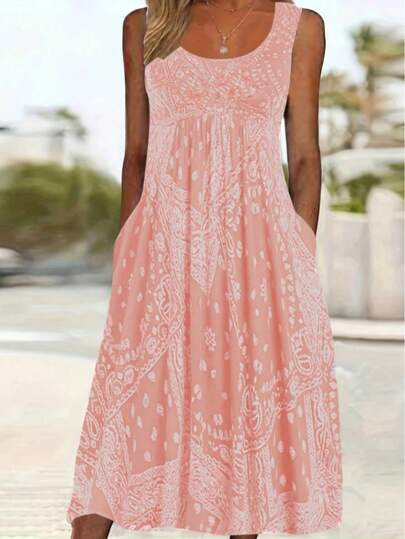 Plus Size Sleeveless Maxi Dress - Floral Print, Stretchy Polyester Blend, Round Neck, Women's Pockets Maxi Dress