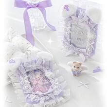 Rosyposy K-POP Fluffy Lace Photocard Holder 3.5" With Keychain - Cute Double-Sided Idol Card Protector Sleeve For Backpack, Purse, School Supplies,Back To School