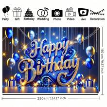 1PC, Golden Blue Glittering Birthday Happy Background Fabric - Polyester Fiber Balloon Design, Polyester Material, Suitable For Parties, Office Celebrations, Birthdays, Indoor/Outdoor Decoration, Home, Garden, Courtyard Decoration, Universal Theme