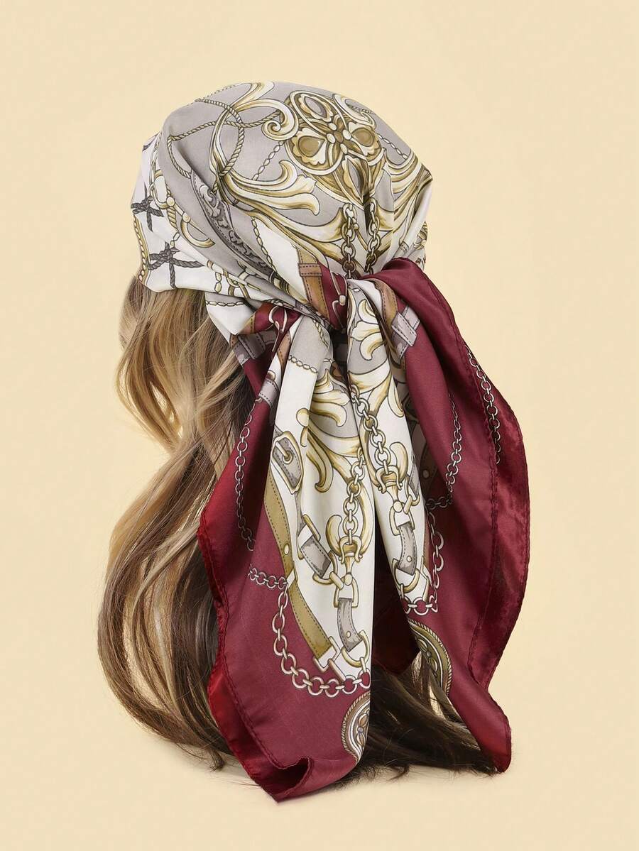 1pc Women's Fashion Chain Rope Print 90cm Square Scarf, Versatile Printing Bandana Neck Scarf For Spring And Autumn - Burgundy - View 1